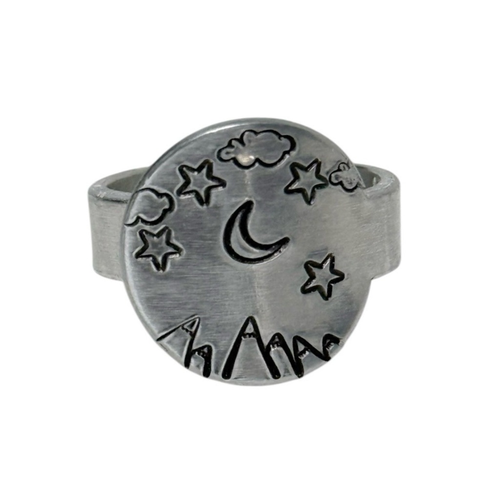 Handmade stamped celestial silver hypoallergenic‎ adjustable medallion ring